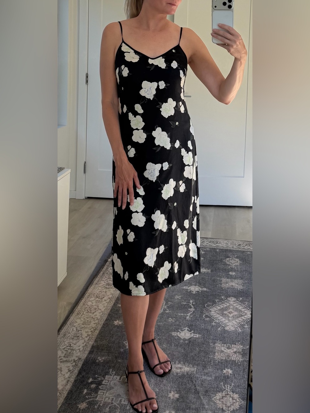 Club Monaco Black Floral Silk Slip Dress with White Blossom Print